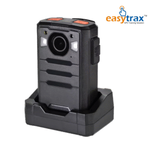A black Easytrax Smart 4G Body Worn Camera (BTRC Approved) with top buttons rests on a charging dock. The easytrax GPS Tracking Solution logo appears in the top right, emphasizing its advanced body camera technology.