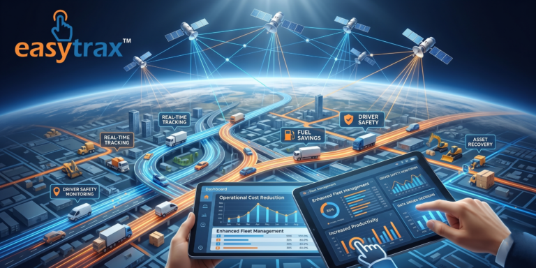 An illustrative infographic for 'easytrax' depicting an interconnected global satellite tracking system monitoring a fleet of vehicles moving through a detailed city network. Multiple satellites are networked in space, connecting with trucks, vans, and cars on illuminated paths. Callout bubbles highlight key features: 'Real-Time Tracking', 'Driver Safety', 'Fuel Savings', and 'Asset Recovery'. In the foreground, two hands hold tablets displaying data dashboards with charts for 'Operational Cost Reduction', 'Enhanced Fleet Management', 'Increased Productivity', and 'Driver Safety Monitoring'.