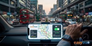 A driver navigates busy city traffic using a dashboard-mounted GPS showing routes, traffic status, and car controls. Buildings, buses, and cars line the road as evening approaches. The easytrax logo is visible on the screen and image.