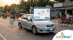 EasyTrax 4G GPS tracker showing real-time vehicle location and BTRC-approved anti-theft protection on a busy Dhaka road