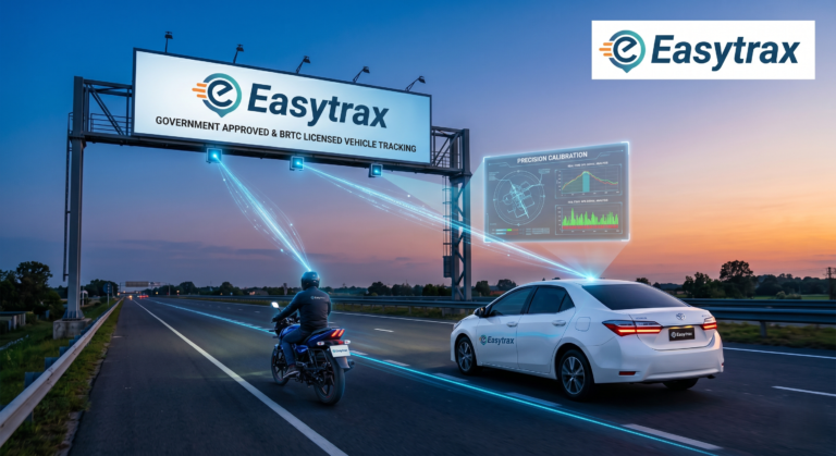 Easytrax BRTC licensed vehicle tracking system monitoring a car and motorcycle on a highway with real-time GPS calibration.