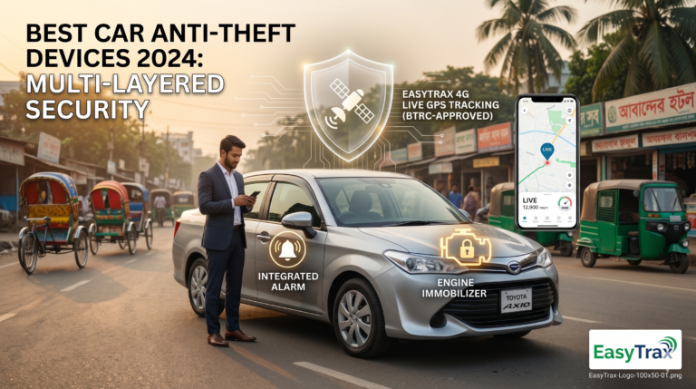 A composite infographic illustration, set on a busy street in Bangladesh with traditional rickshaws and storefronts (including a Bengali sign for 'Mawlana Hotel'), showing a man in a business suit next to a silver Toyota Axio car. Digital overlays on the car highlight anti-theft components: an integrated alarm and an engine immobilizer. A floating digital shield with a satellite dish icon is labeled "EASYTRAX 4G LIVE GPS TRACKING (BTRC-APPROVED)". A floating smartphone screen displays a live tracking map and data. Text at the top left reads "BEST CAR ANTI-THEFT DEVICES 2024: MULTI-LAYERED SECURITY". The "EasyTrax" brand logo is at the bottom right. This image serves as a visual guide, possibly in relation to 'The Best Car Anti-Theft Devices in Bangladesh (2026) A Complete Security Guide.png'.