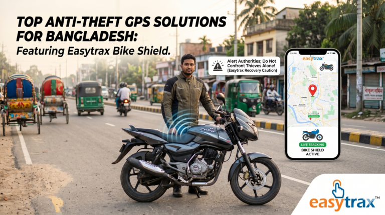 EasyTrax Bike Shield anti-theft GPS tracker with real-time 4G monitoring and BTRC-approved connectivity for motorcycles in Bangladesh