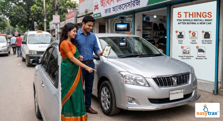 **A smiling young Bangladeshi couple, the woman in a green saree and the man in a blue shirt, stand by their new silver car outside a Dhaka car accessories shop. The man holds up his phone showing a live GPS tracking map of the vehicle. A large poster titled '5 THINGS YOU SHOULD INSTALL RIGHT AFTER BUYING A NEW CAR' lists five essential aftermarket products: Dash Cam, GPS Tracker, All-Weather Floor Mats, Paint Protection Film (PPF), and Premium Window Tint. The car has 'Dhaka Metro GA' plates, and a dash cam is visible mounted on the windshield. The background is a typical Dhaka street.**