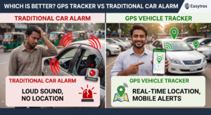 **A smiling young Bangladeshi couple, the woman in a green saree and the man in a blue shirt, stand by their new silver car outside a Dhaka car accessories shop. The man holds up his phone showing a live GPS tracking map of the vehicle. A large poster titled '5 THINGS YOU SHOULD INSTALL RIGHT AFTER BUYING A NEW CAR' lists five essential aftermarket products: Dash Cam, GPS Tracker, All-Weather Floor Mats, Paint Protection Film (PPF), and Premium Window Tint. The car has 'Dhaka Metro GA' plates, and a dash cam is visible mounted on the windshield. The background is a typical Dhaka street.**